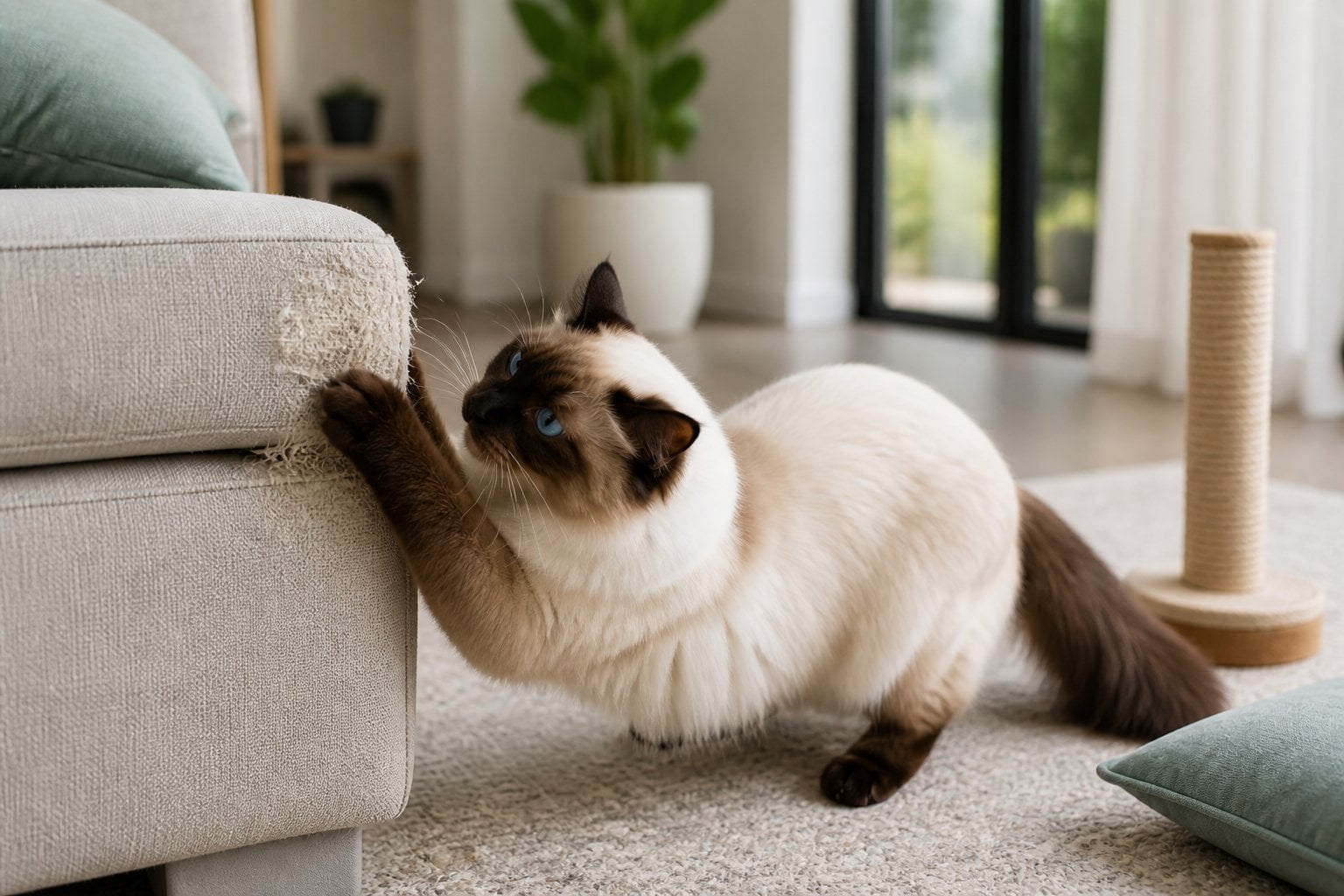 A Balinese cat scratches the corner of a sofa in a bright living room.