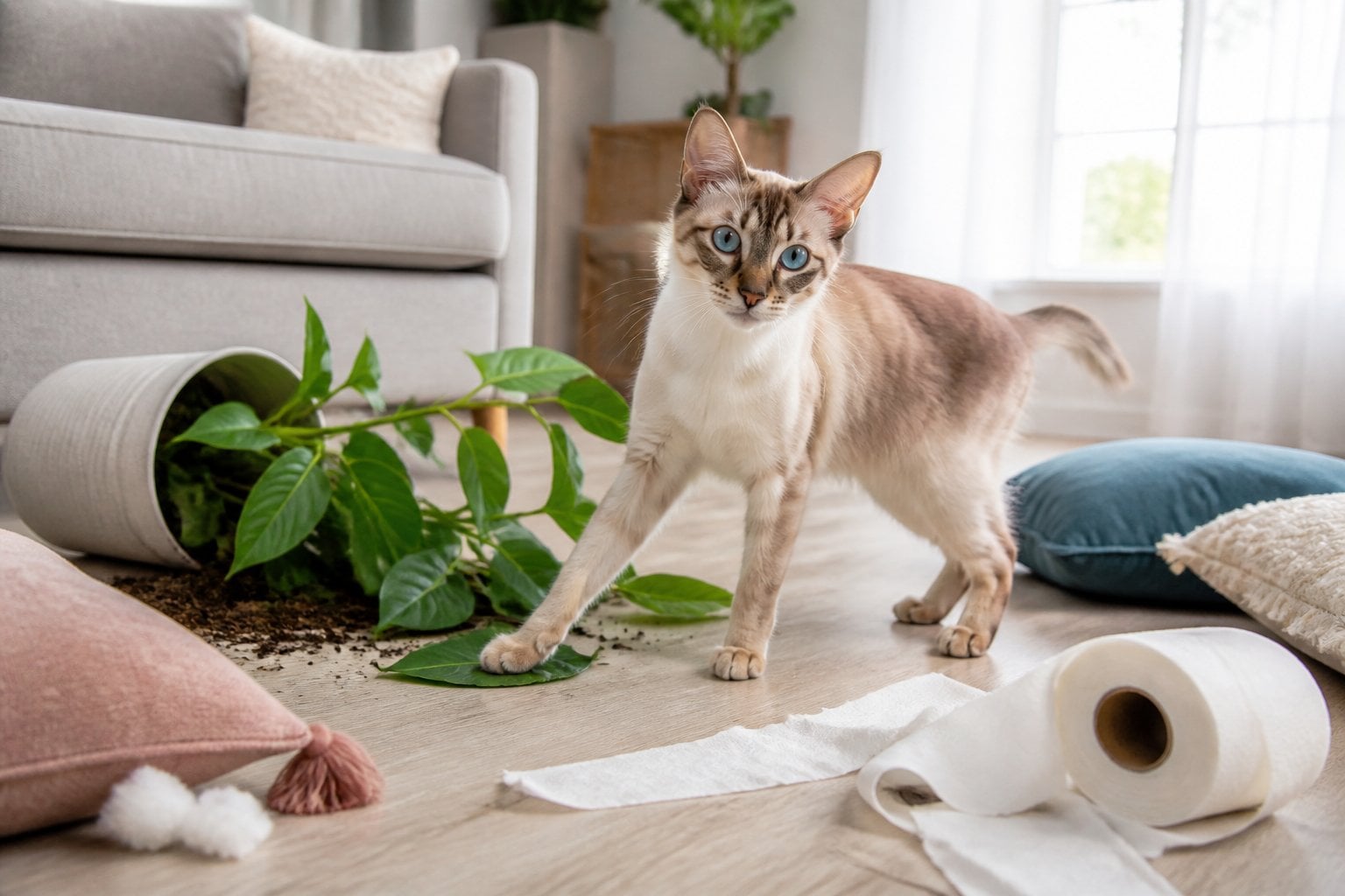 A Javanese cat stands beside a toppled houseplant and scattered cushions in a living room.