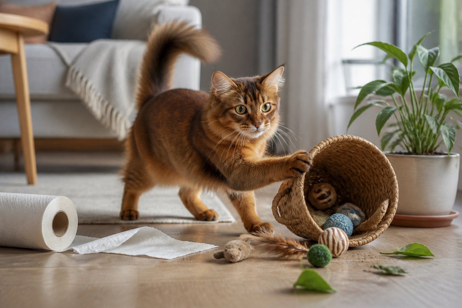 A Somali cat investigates scattered toys and a tipped-over basket in a living room.