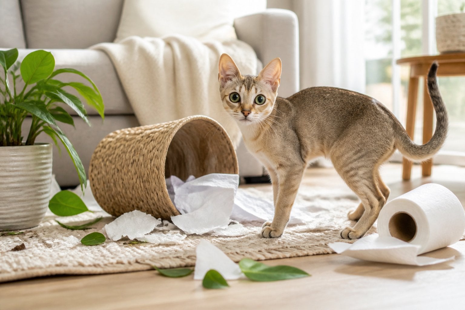 A Singapura cat stands alert beside scattered household items and a tipped-over basket in a bright living room.