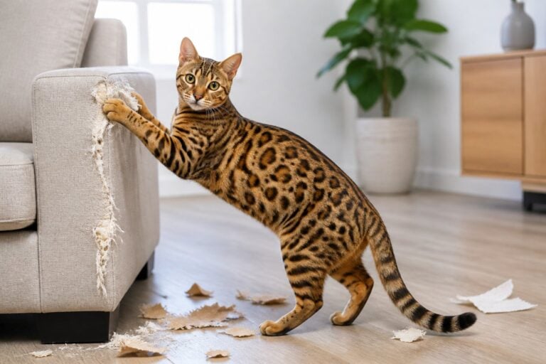 A spotted Cheetoh cat stands beside a torn armchair in a living room.