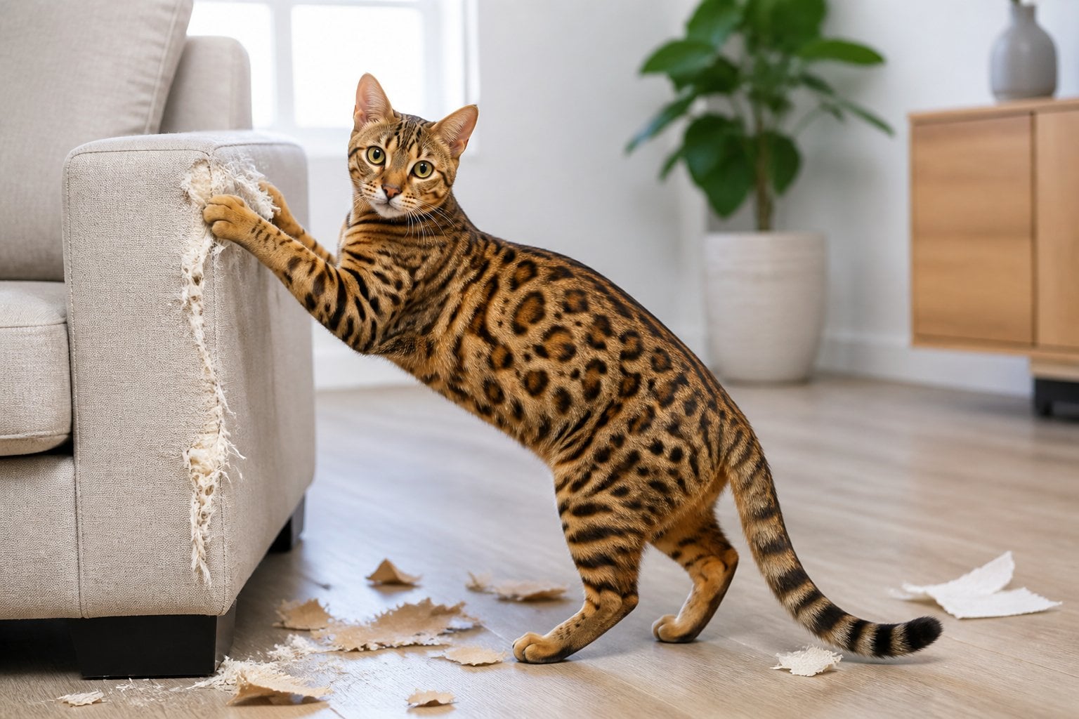 A spotted Cheetoh cat stands beside a torn armchair in a living room.