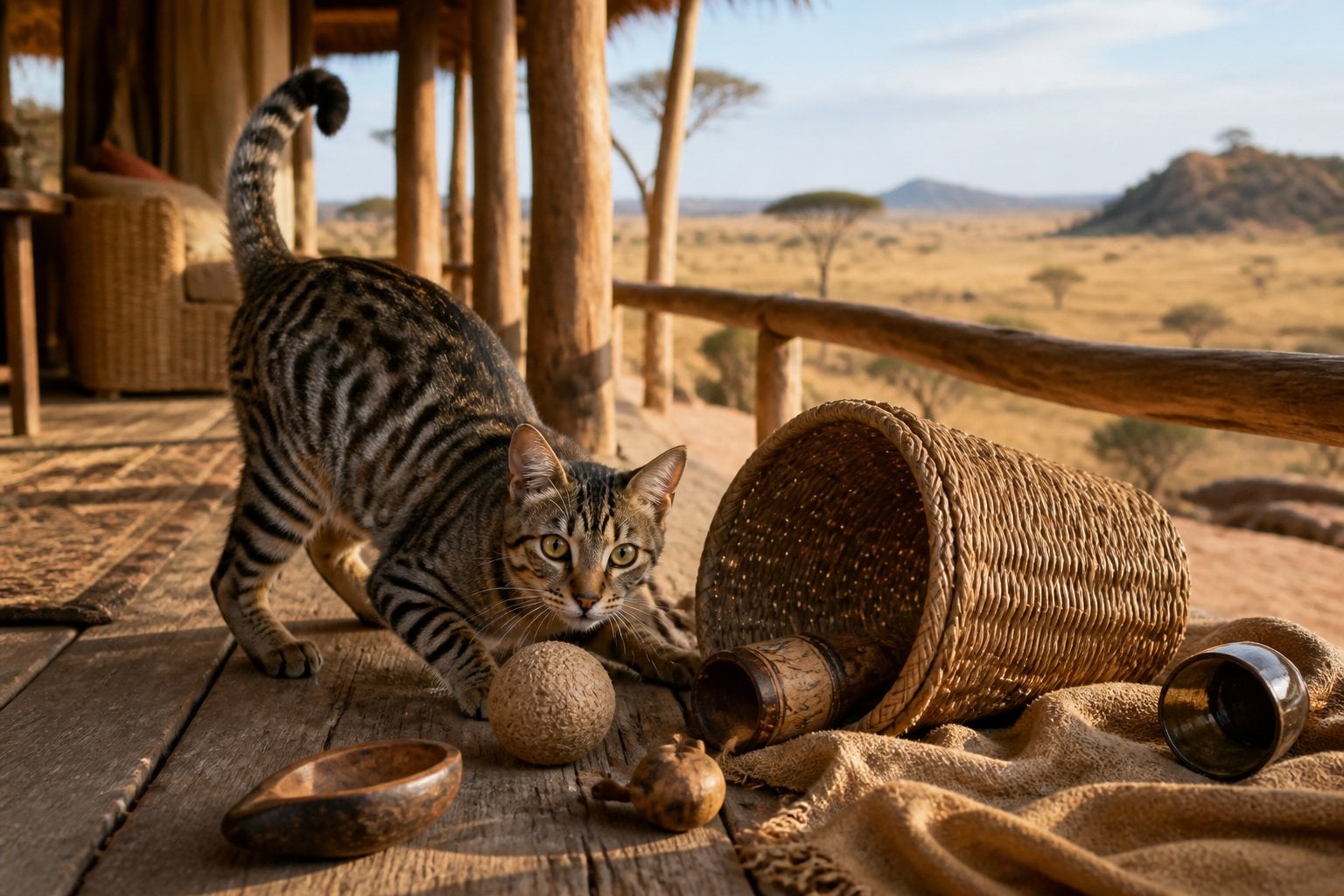A mischievous tabby cat sits beside a toppled basket on a safari lodge veranda overlooking golden grassland.
