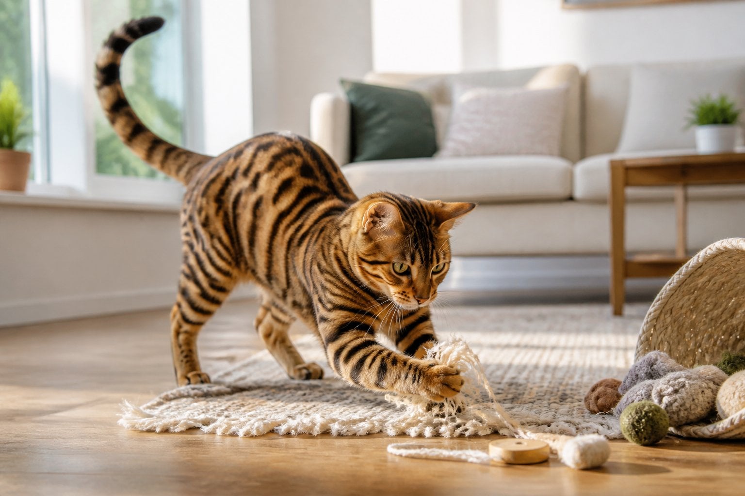 A striped Toyger cat paws at a woven rug in a bright living room.