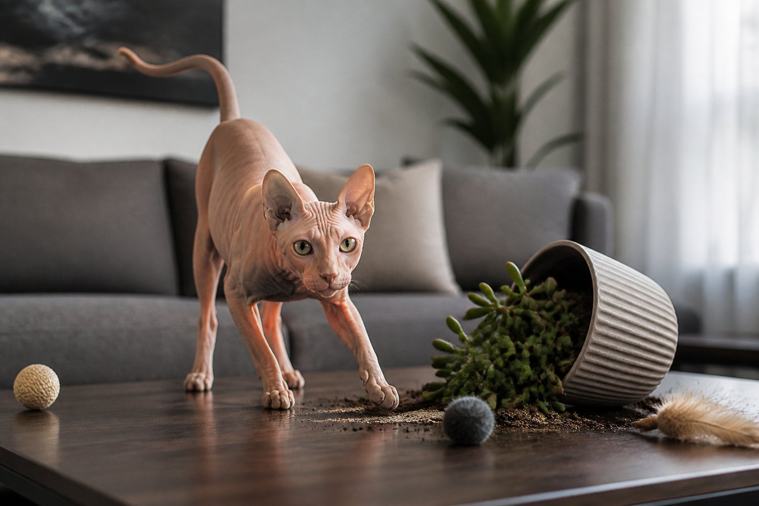 A hairless Peterbald cat stands beside a tipped-over plant pot and scattered toys in a living room.