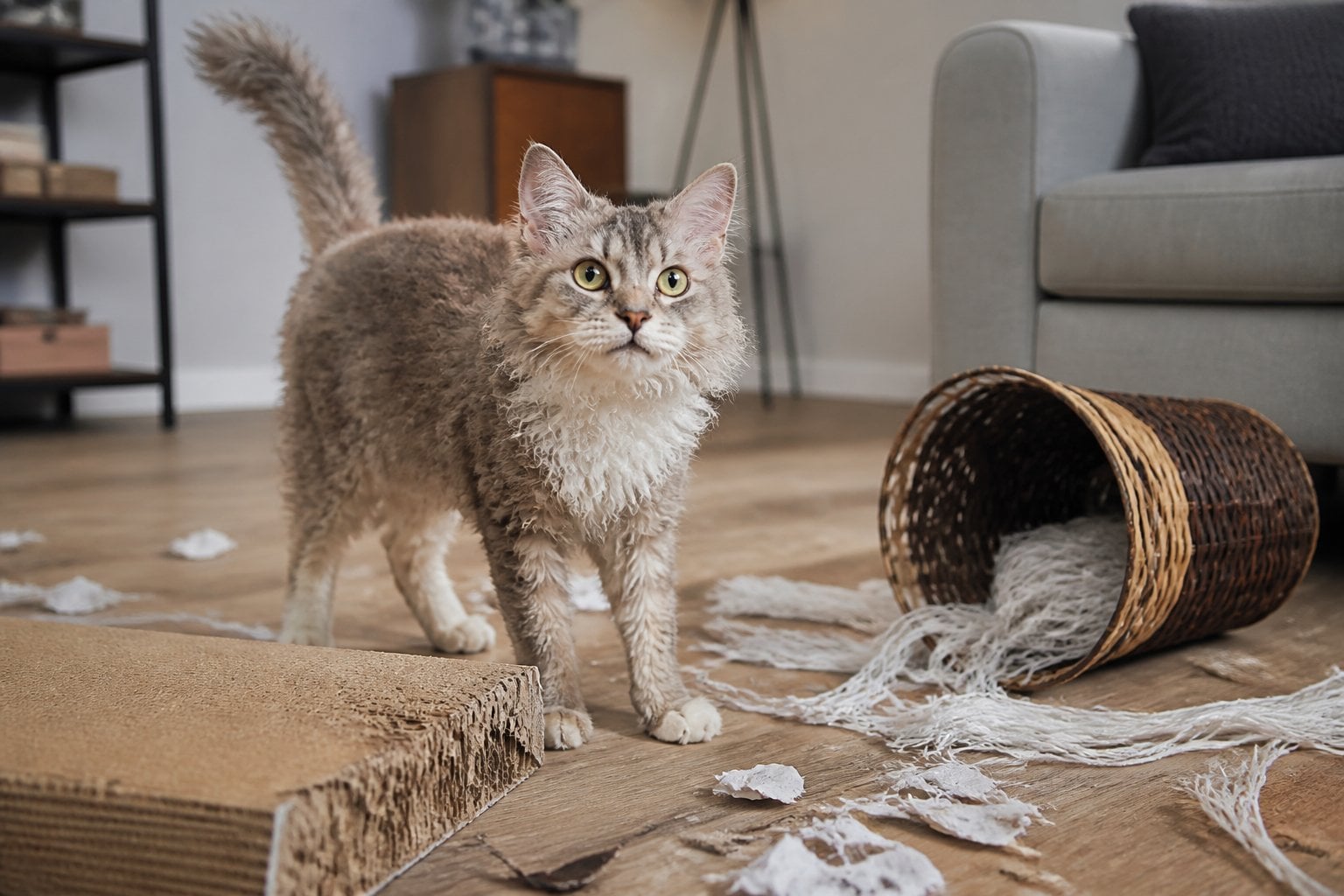 A curly-coated LaPerm cat stands beside a damaged scratching pad and scattered household items.