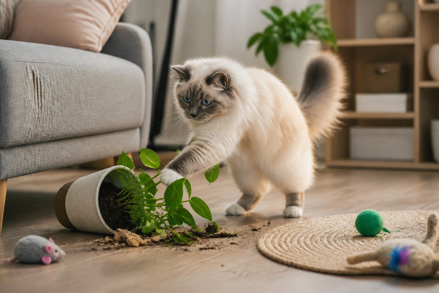 A Ragdoll cat knocks over a small houseplant beside a scratched sofa and scattered toys.