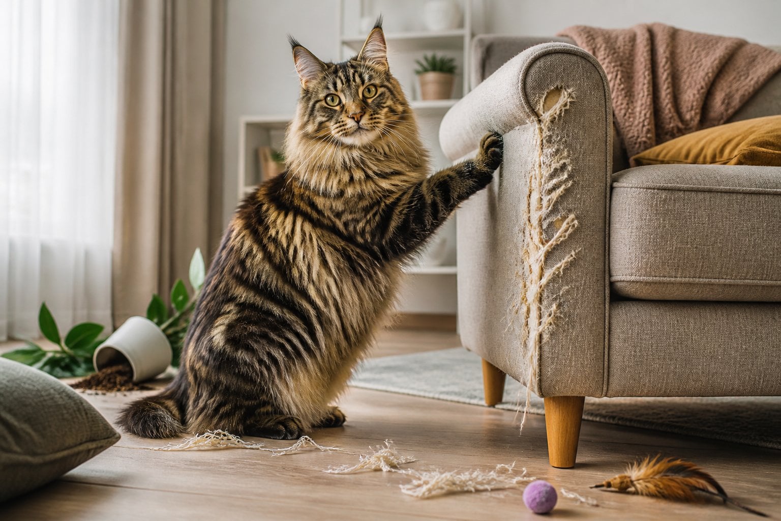 A Maine Coon cat sits beside a scratched armchair in a slightly messy living room.