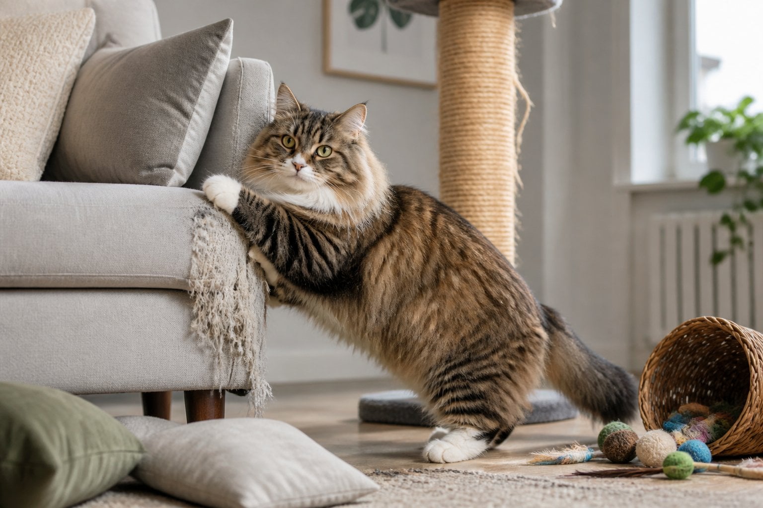 Norwegian Forest Cat beside a scratched sofa and scattered toys in a home.
