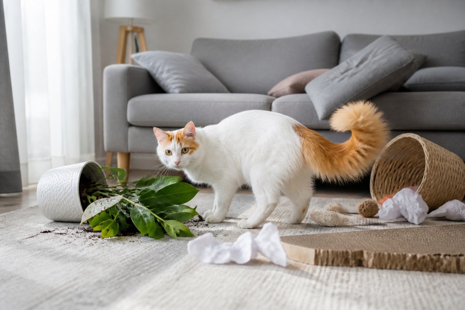 A Turkish Van cat explores a slightly messy living room beside a tipped-over plant and scattered papers.