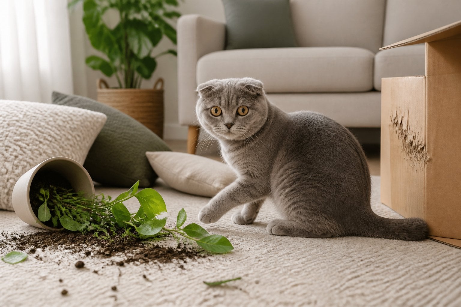 A Scottish Fold cat sits beside a tipped-over plant and scattered household items.