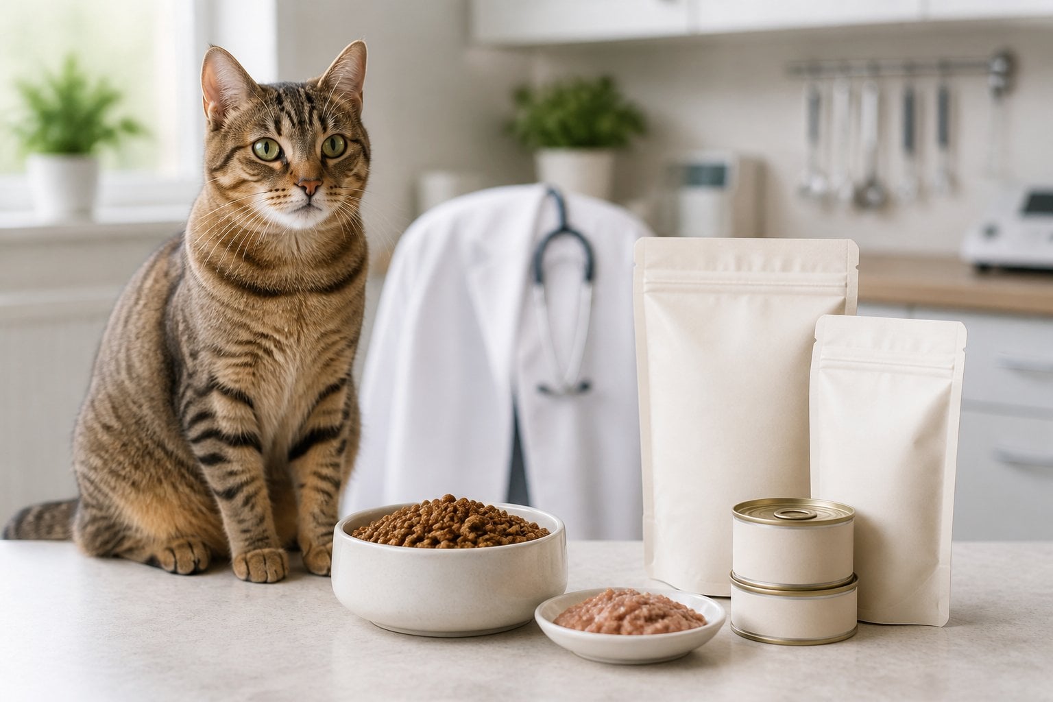 A healthy cat sits beside bowls of dry and wet food and unbranded cat food containers.