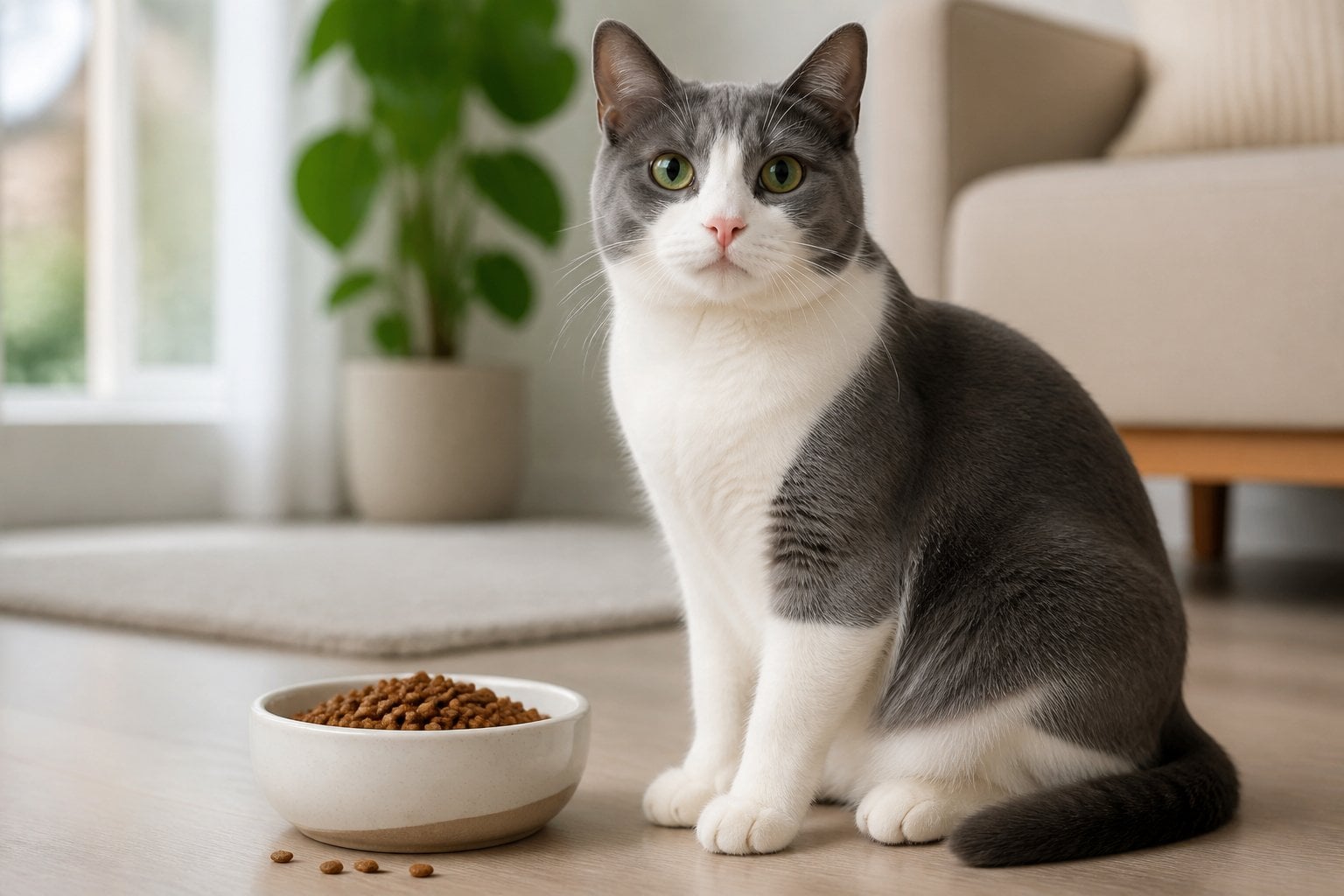 Healthy gray-and-white cat sitting beside a bowl of dry cat food in a bright home.