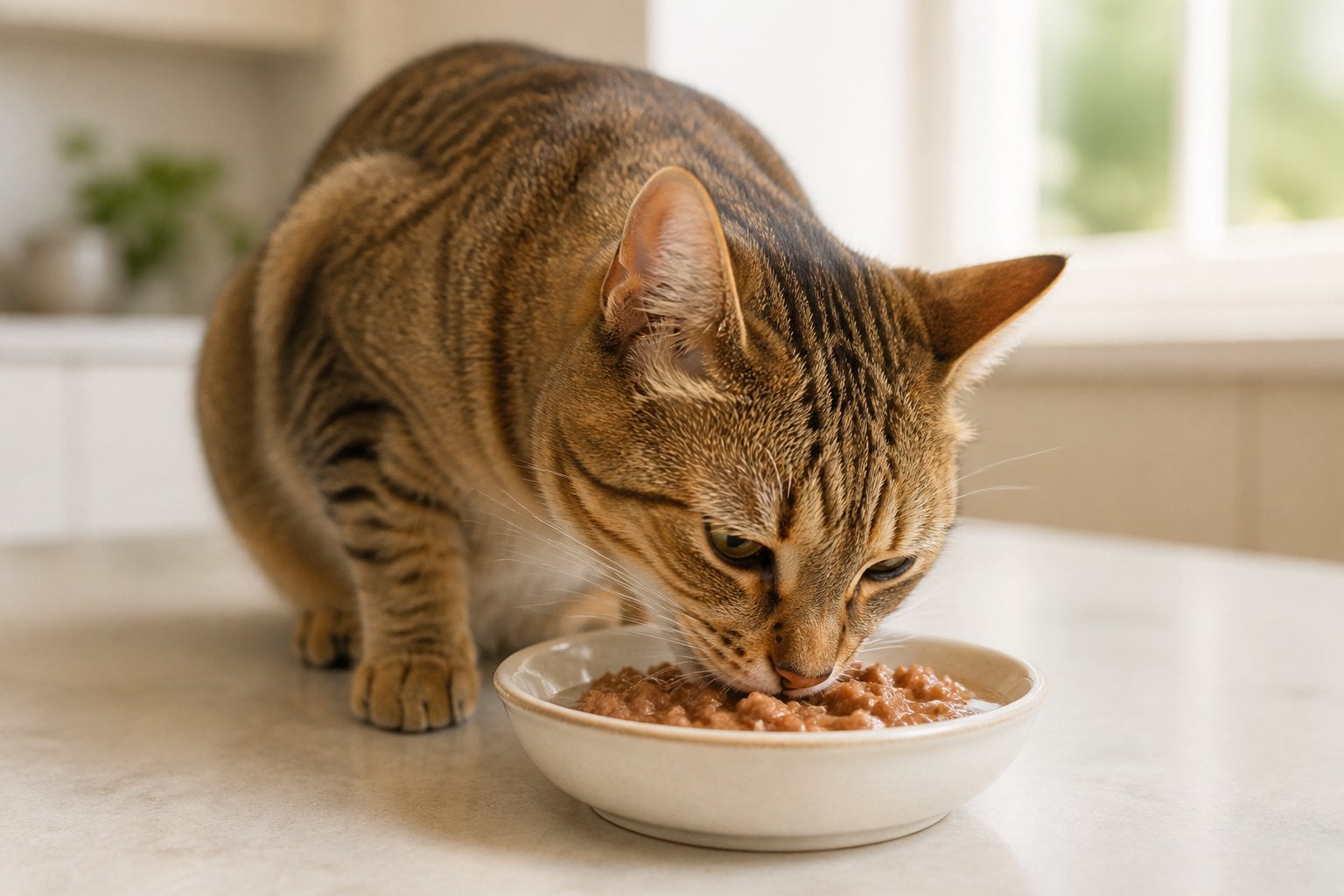 A healthy tabby cat eating moist food from a ceramic bowl.
