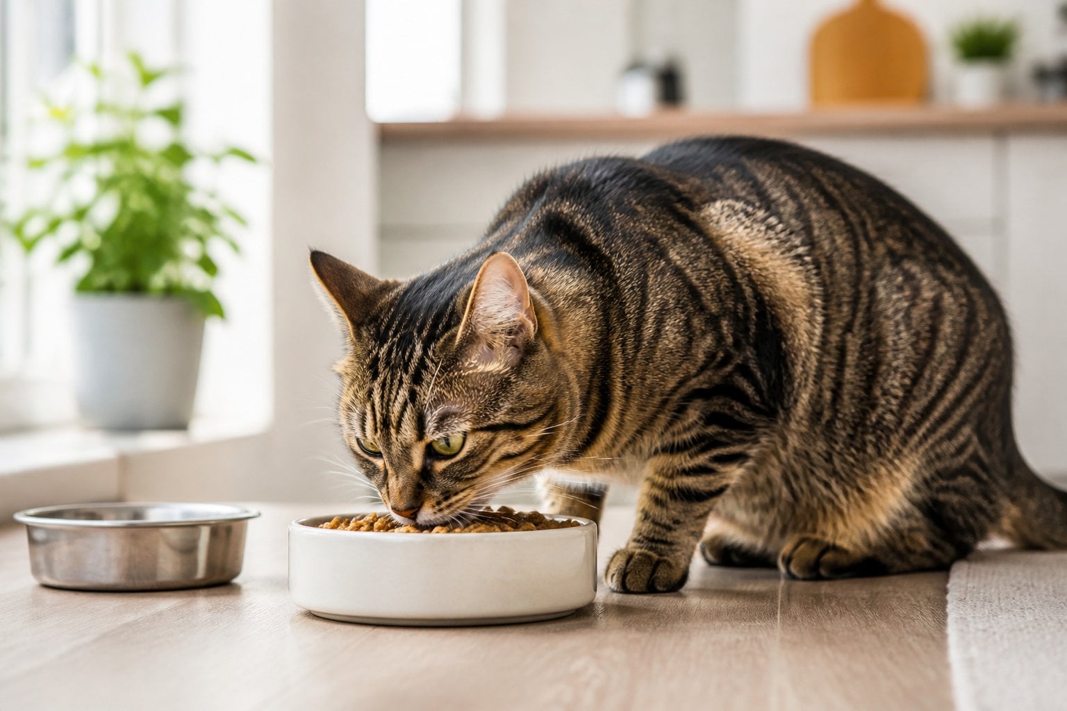 A tabby cat eating dry food from a ceramic bowl in a bright kitchen.