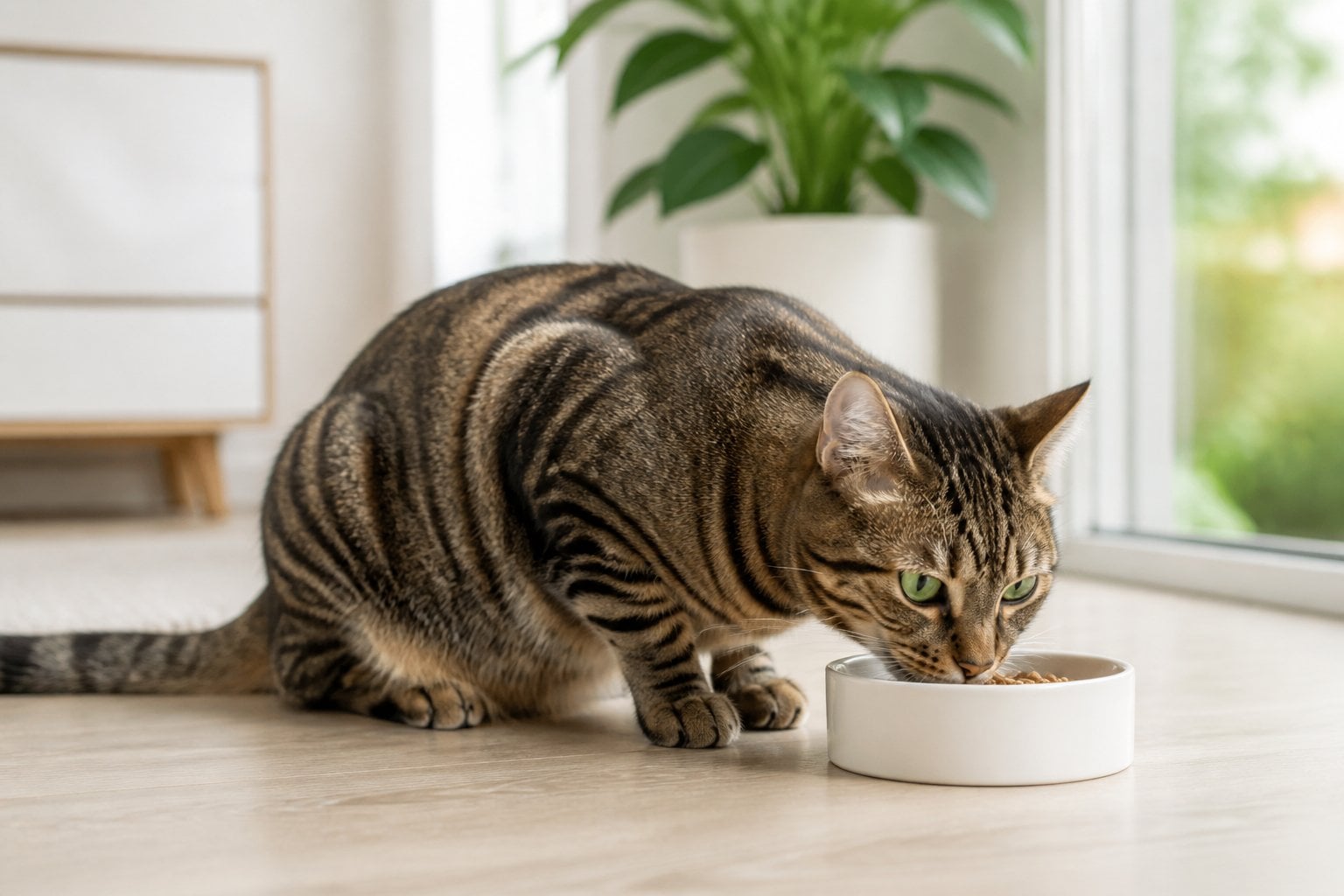 A healthy tabby cat eating dry food from a ceramic bowl indoors.