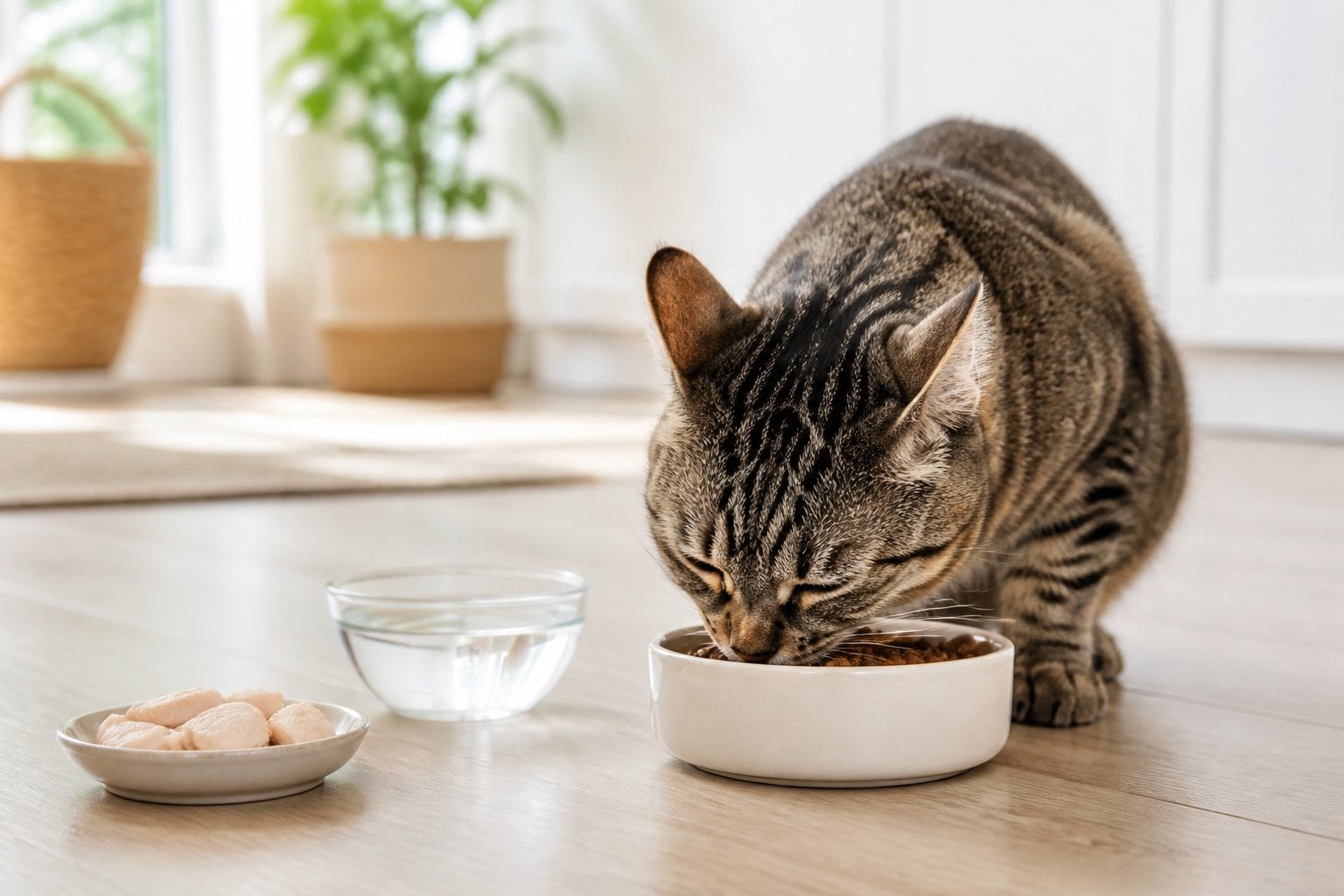 A healthy cat eating dry food from a ceramic bowl in a bright home.