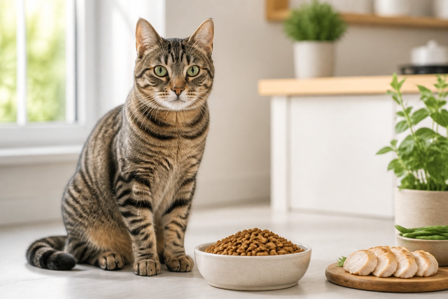 A healthy adult cat sits beside a bowl of dry food in a bright, clean setting.