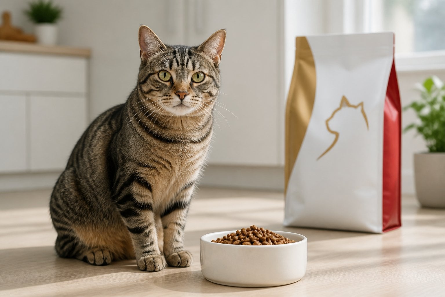 A healthy adult cat sits beside a bowl of dry food in a bright home.