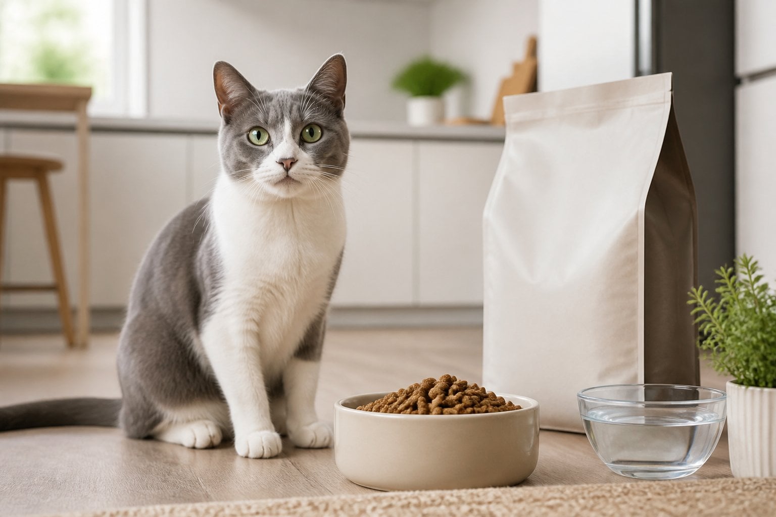A healthy gray-and-white adult cat sits beside a bowl of kibble and a bag of cat food in a bright kitchen.