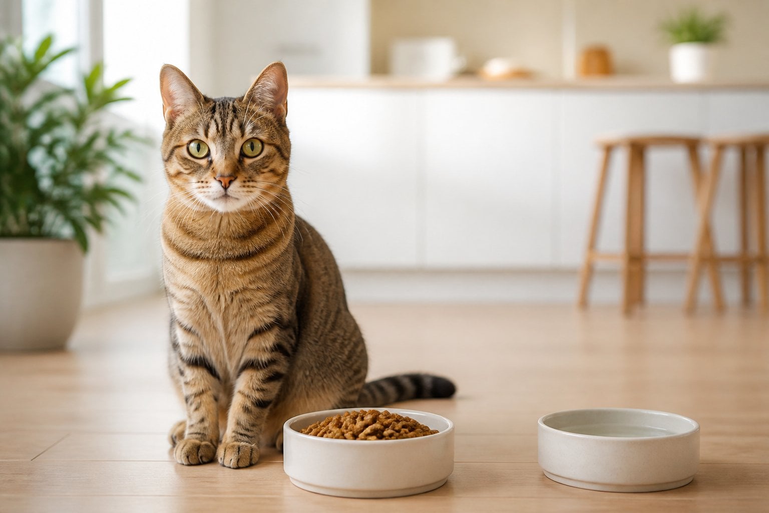 A healthy adult cat sits beside a bowl of dry food in a bright modern home.