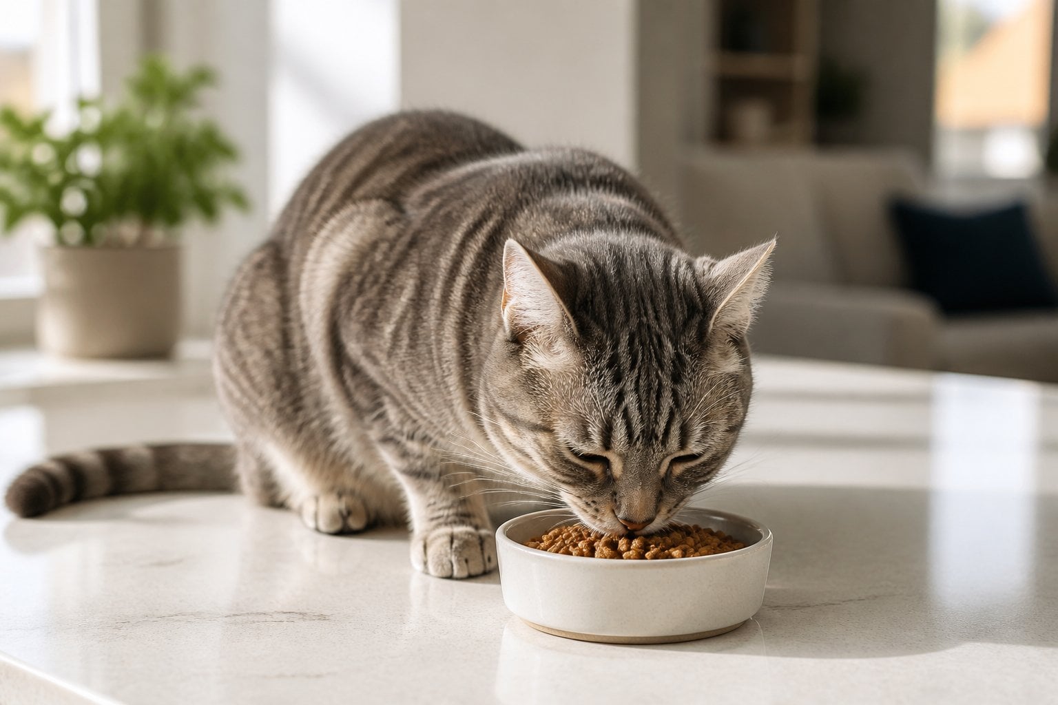 A healthy adult cat eating dry food from a ceramic bowl in a bright home.