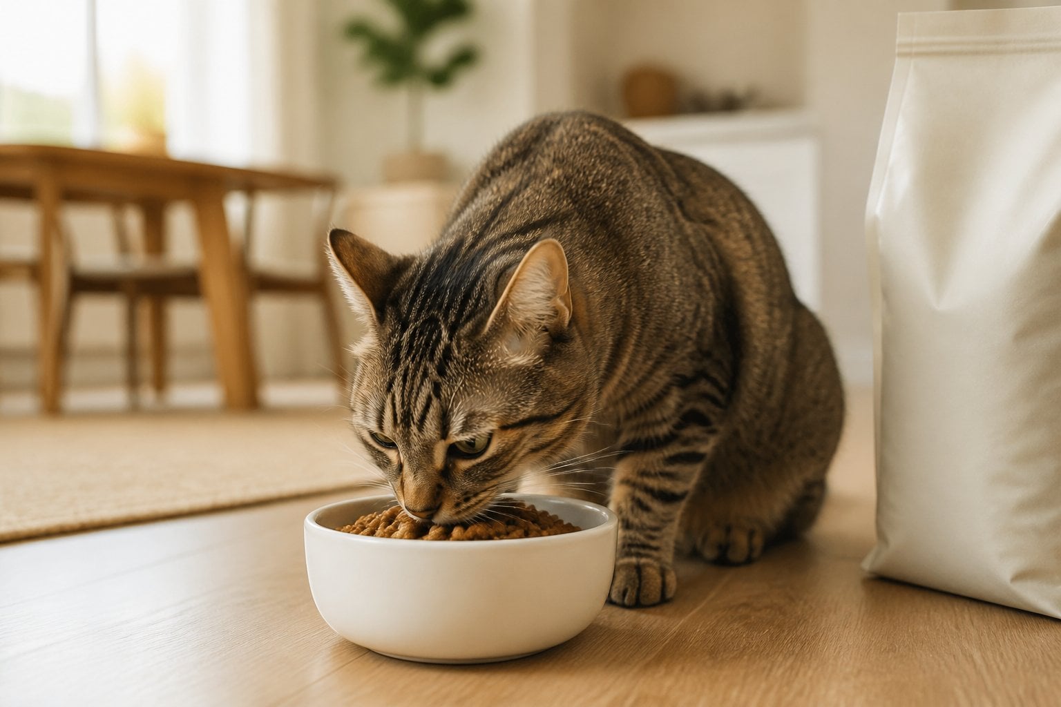 A healthy cat eating dry food from a ceramic bowl in a bright home kitchen.