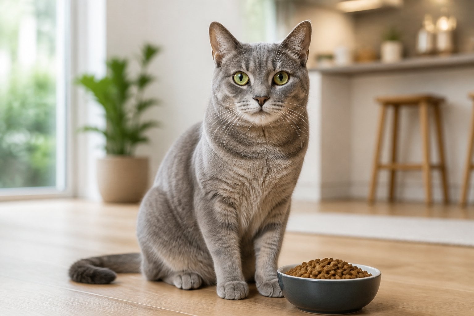 A healthy gray cat sitting beside a bowl of dry food in a bright home.