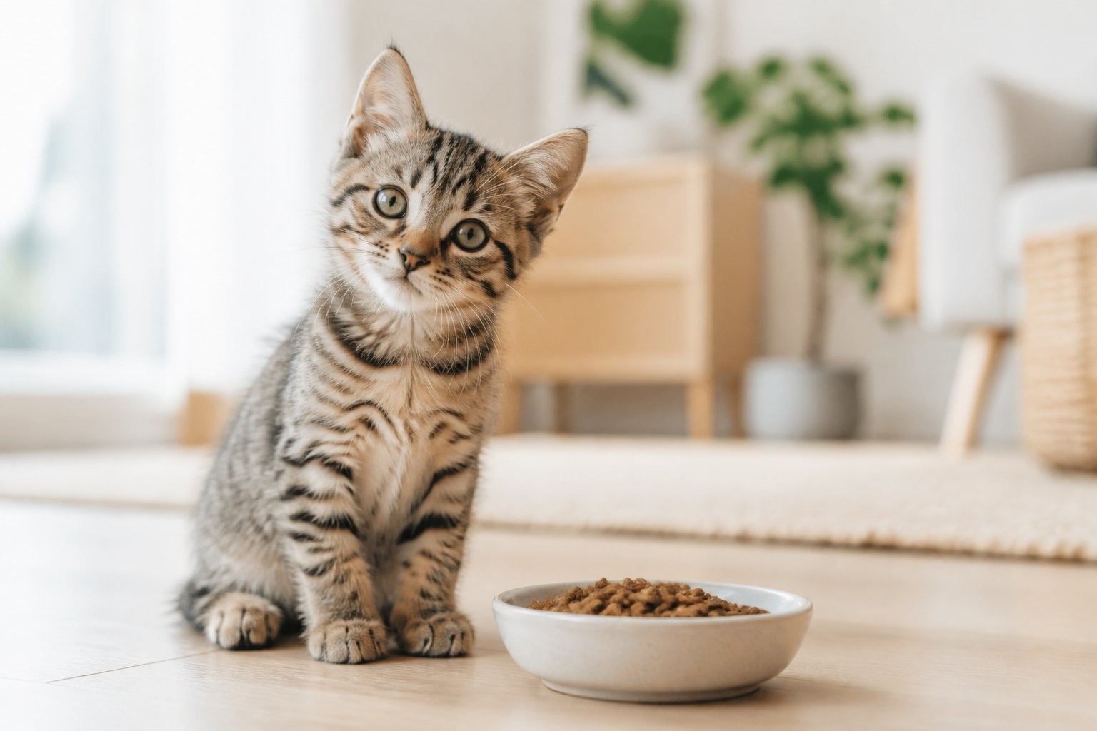 A healthy kitten sitting beside a bowl of dry food in a bright home.