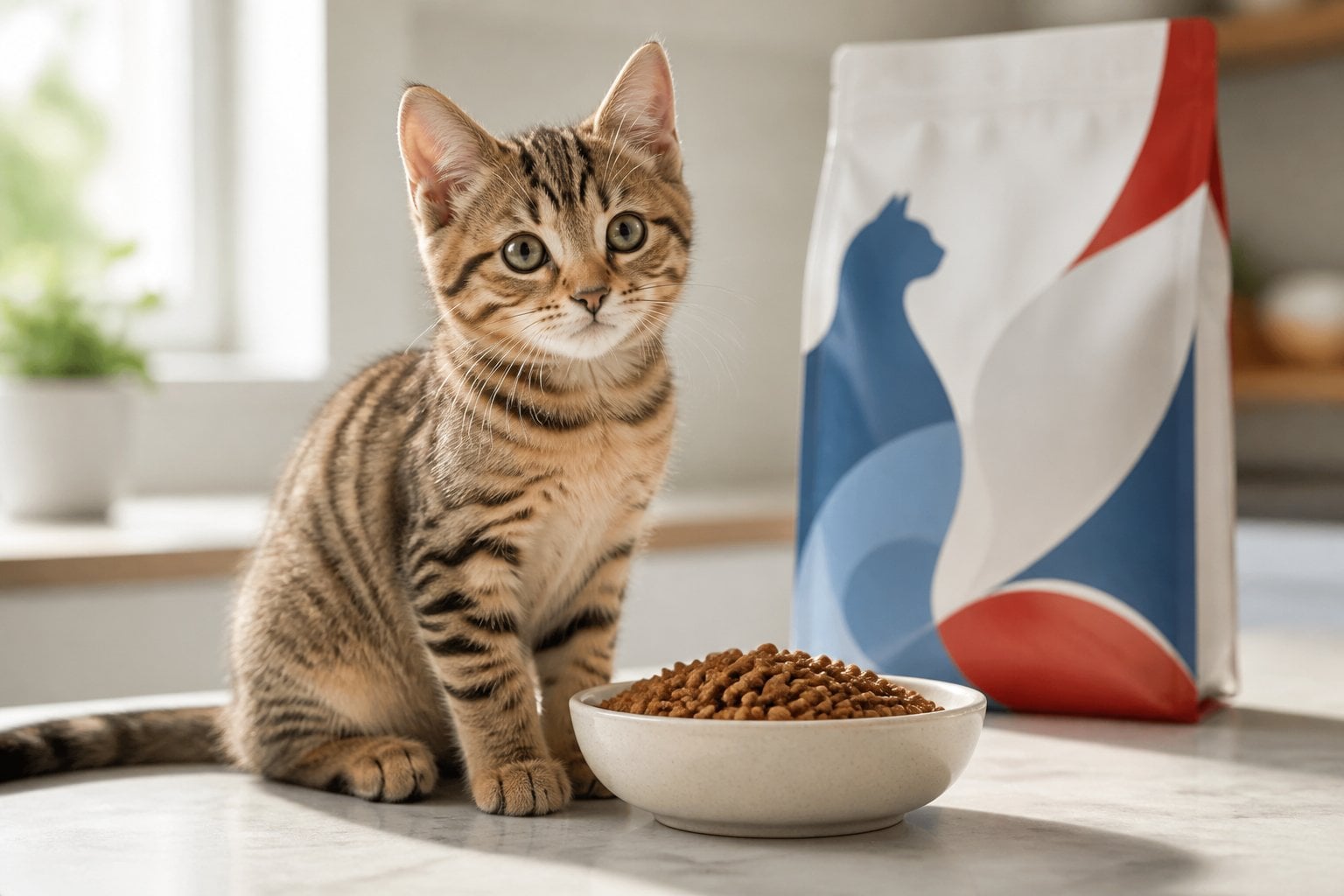 A healthy tabby kitten sits beside a bowl of dry cat food near a pet-food package.