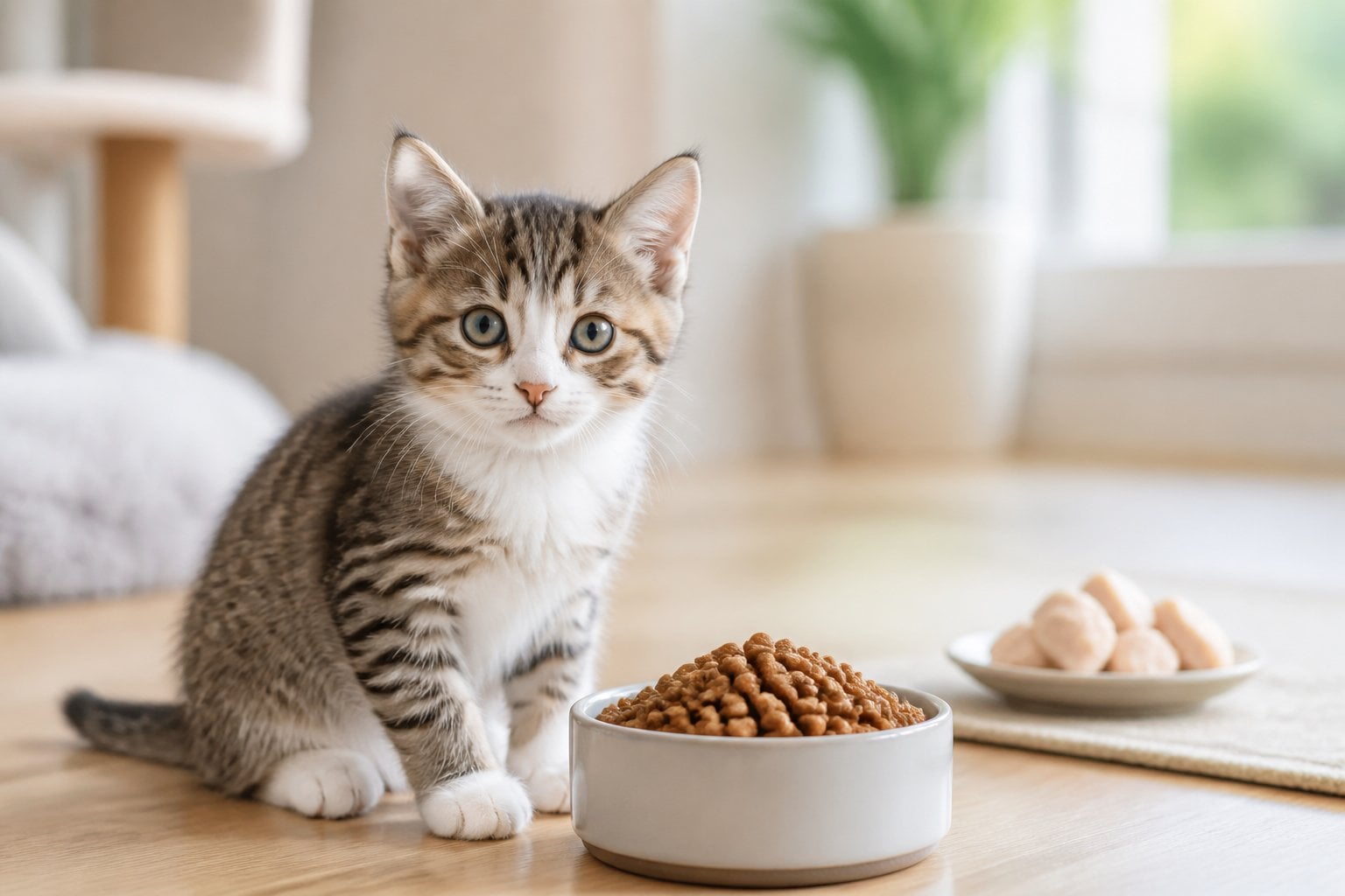 A healthy young kitten sits beside a bowl of dry food in a bright home.