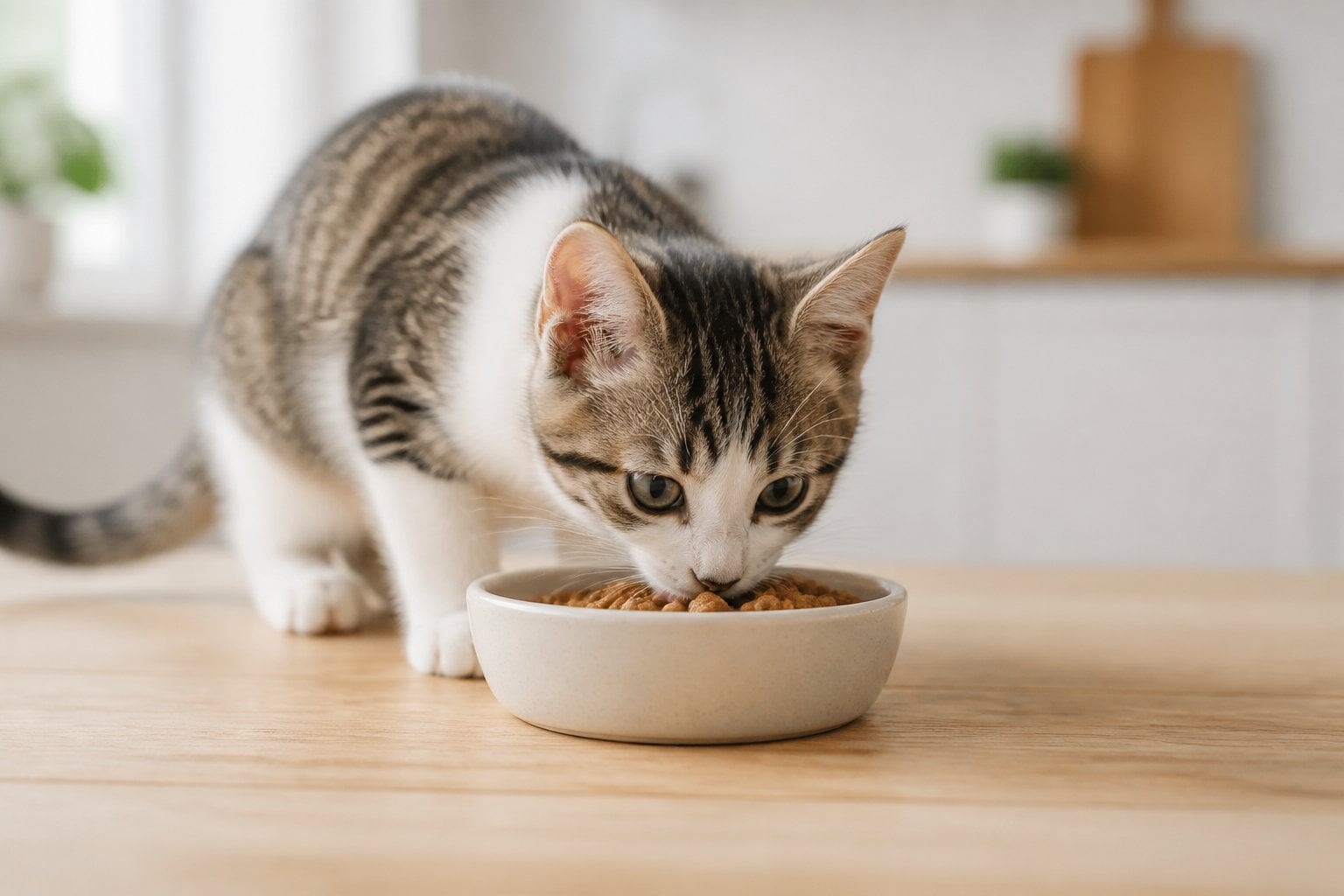 A tabby-and-white kitten eating dry food from a ceramic bowl on a light wood surface.