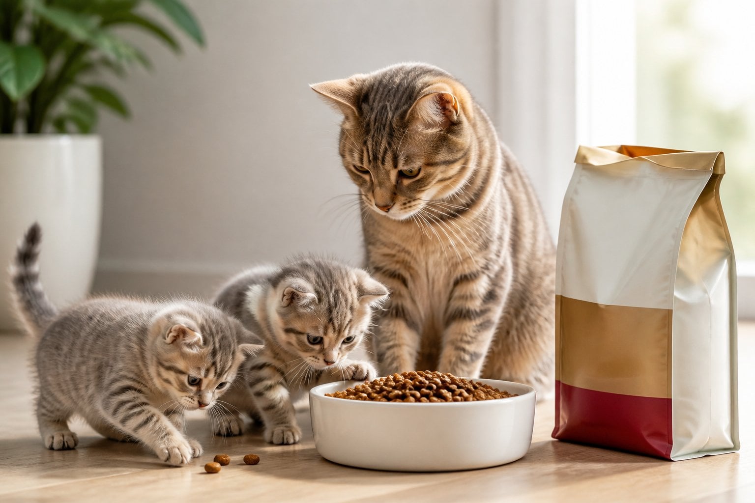 A mother cat watches two kittens beside a bowl of dry food.