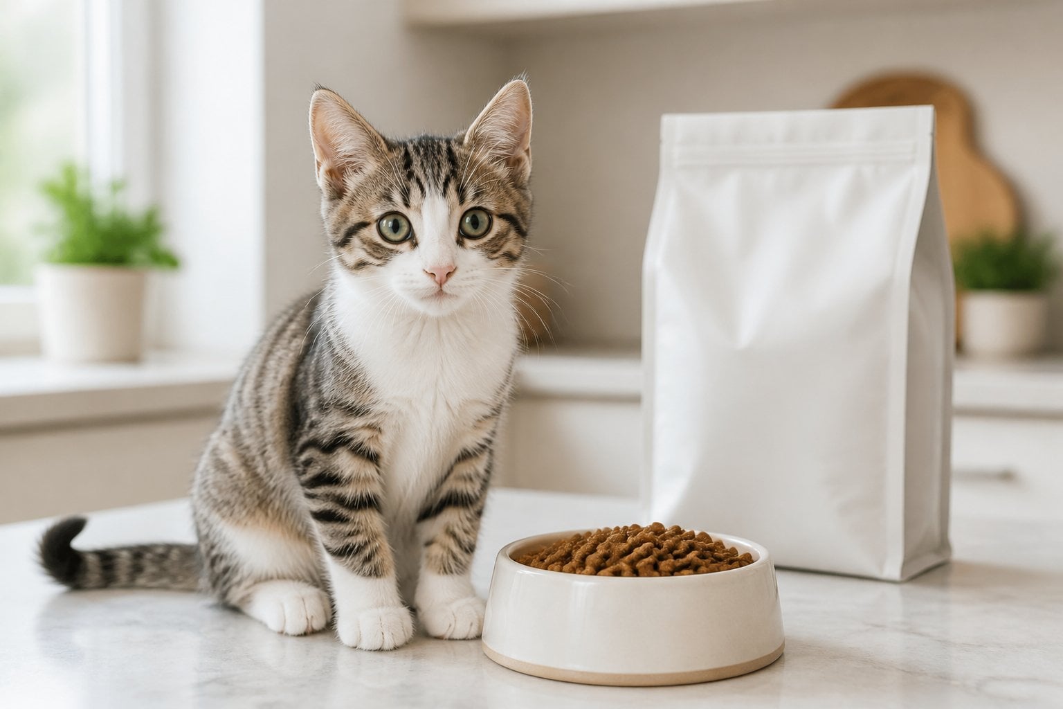 A healthy kitten sits beside a bowl of dry food in a bright kitchen.