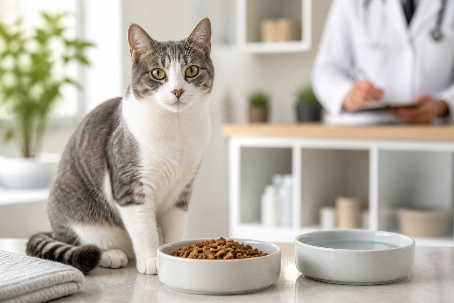 A healthy gray-and-white cat sits beside a bowl of dry food and fresh water.