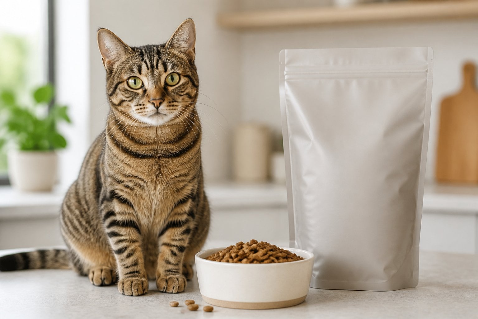 A healthy adult cat sits beside a bowl of dry food in a bright home.