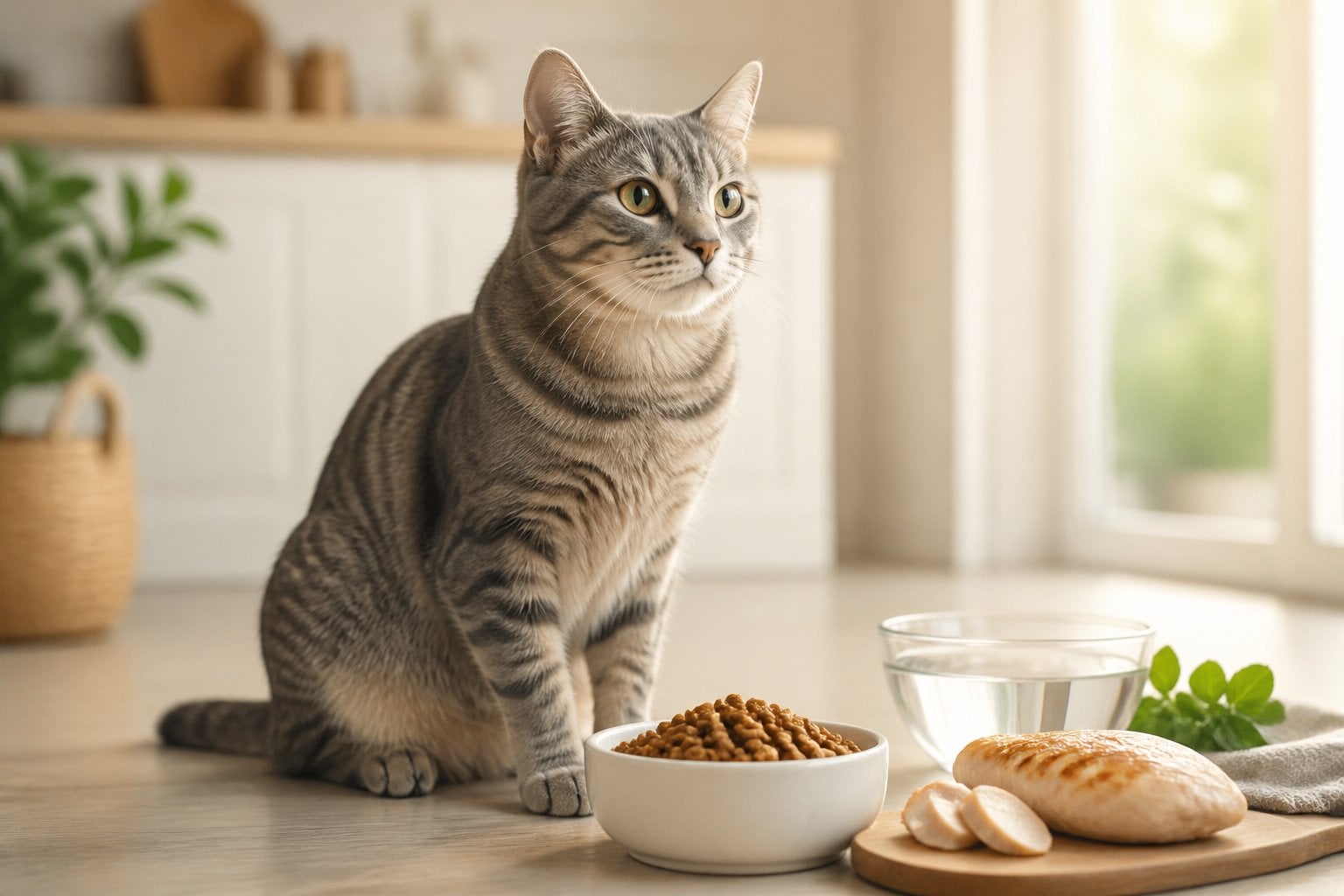 A healthy cat sits beside a bowl of dry food and fresh water in a bright home.