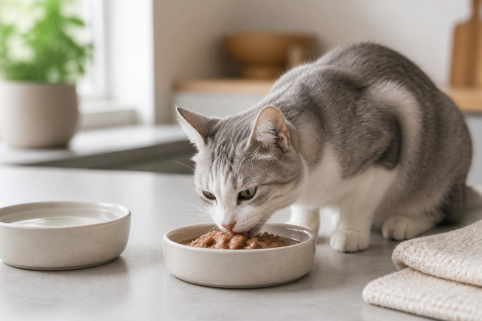 A senior gray-and-white cat eating wet food from a ceramic bowl in a bright kitchen.