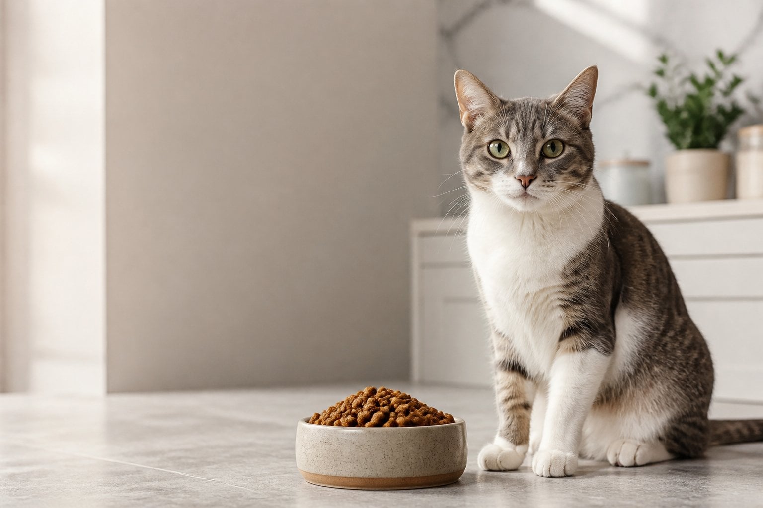 A healthy adult cat sits beside a bowl of dry cat food in a bright, clean room.