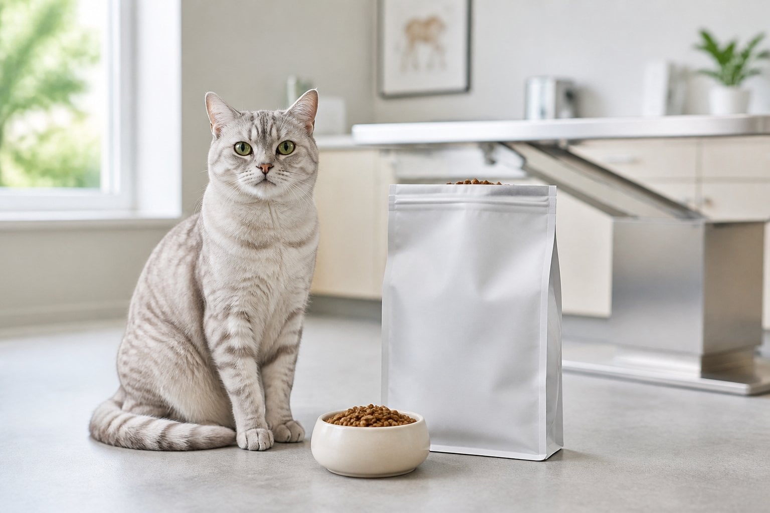 A gray cat sits beside a bowl of kibble and an unbranded cat-food bag in a bright veterinary room.