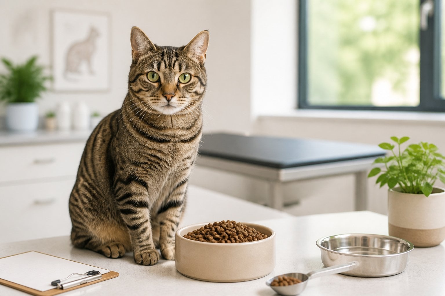 A healthy cat sits beside a bowl of dry food in a bright veterinary setting.