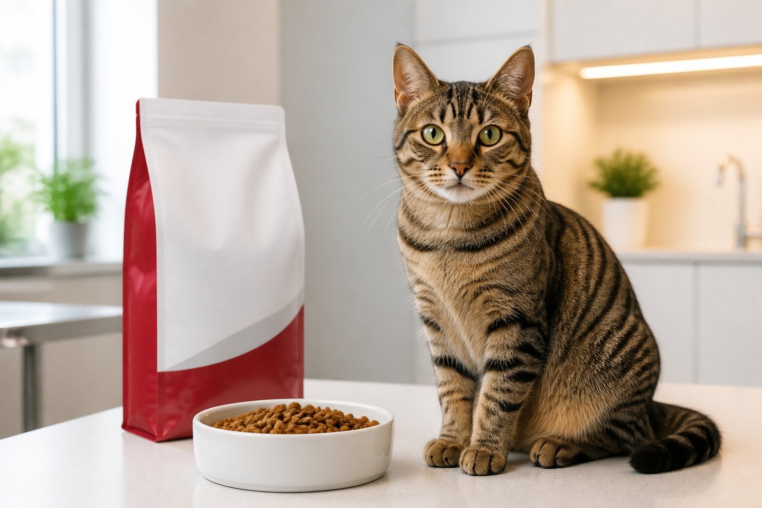 A healthy adult cat sits beside a bowl of dry food and a plain pet-food container.