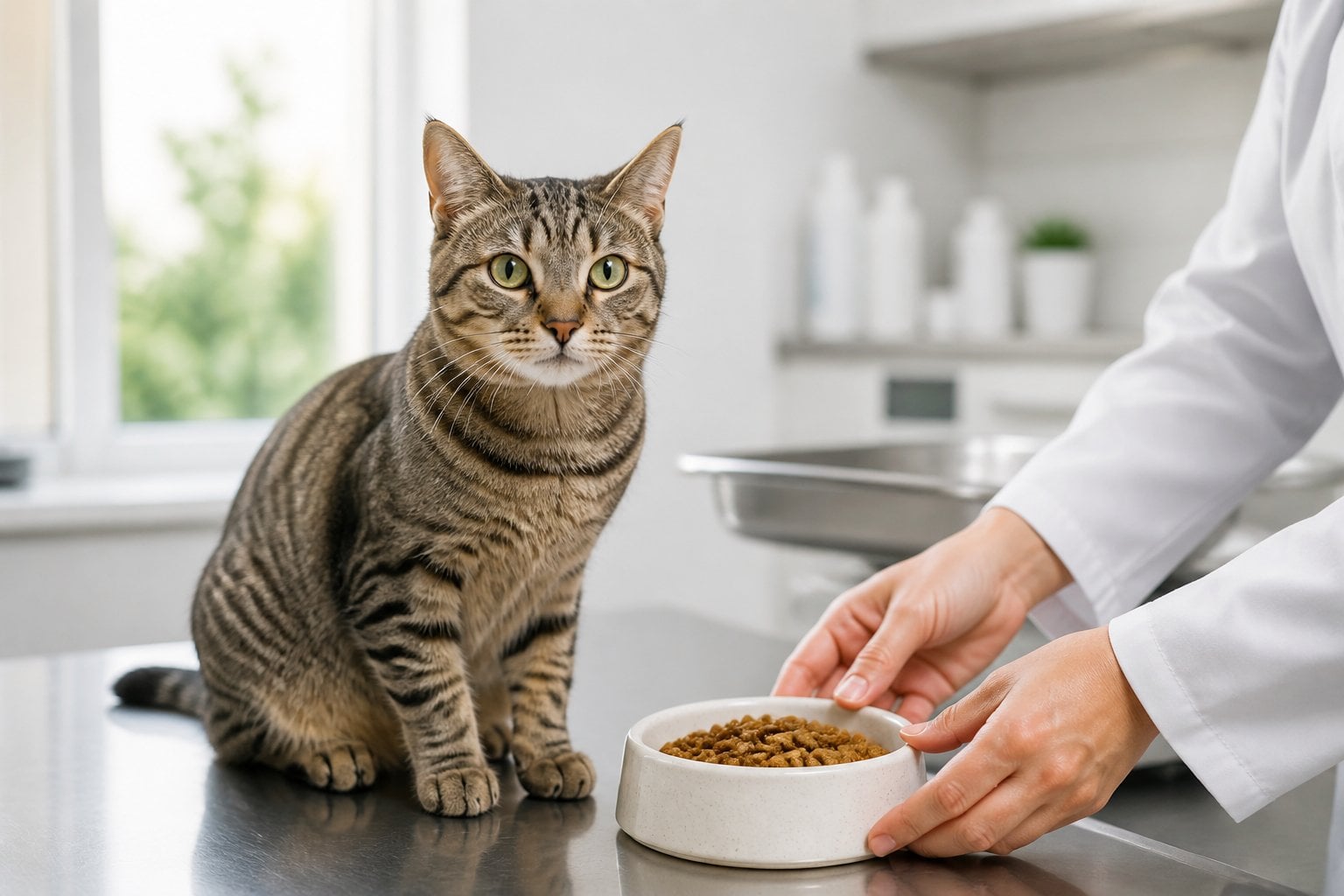 A healthy cat sits beside a bowl of dry food in a bright veterinary setting.