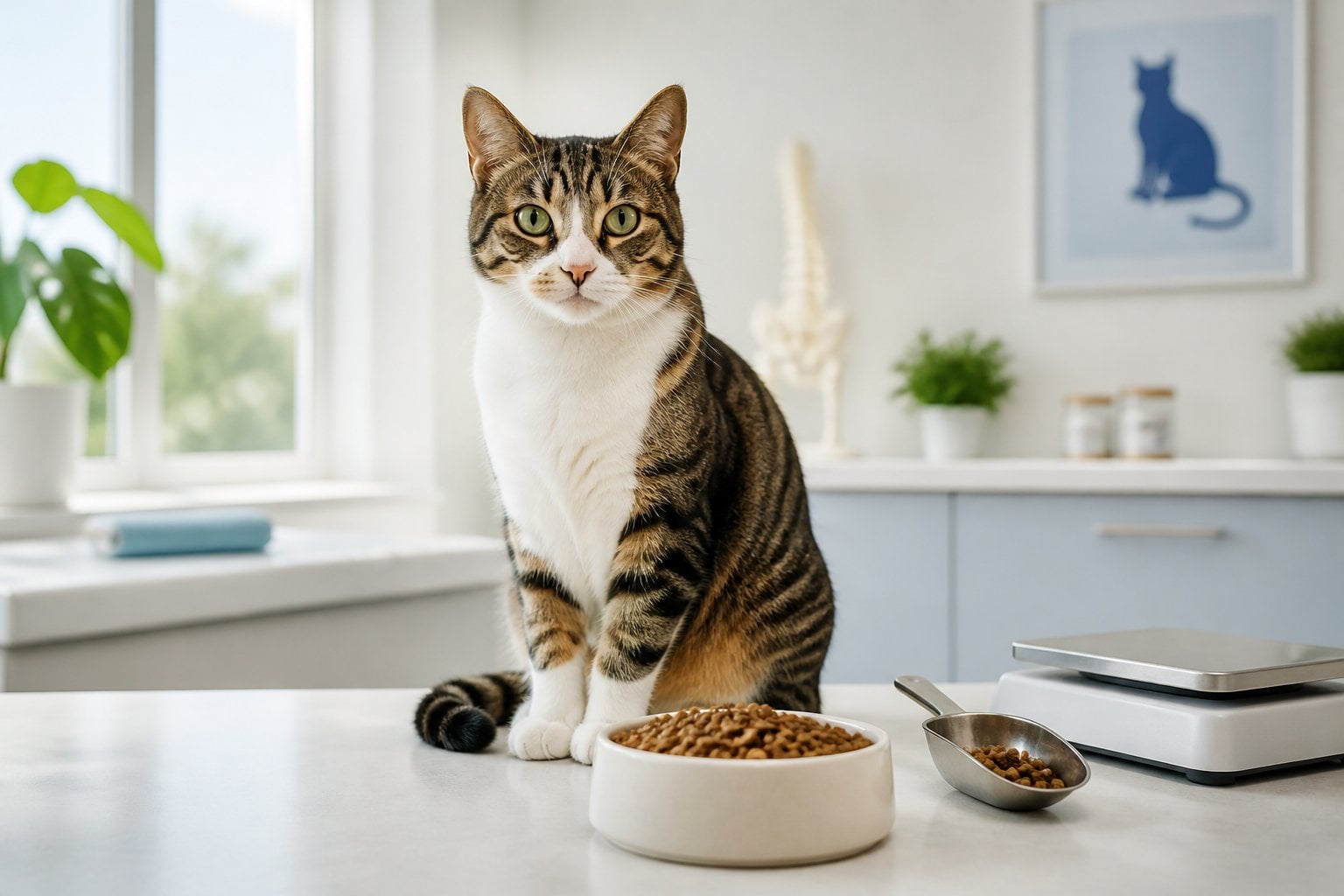 A healthy cat sits beside a bowl of measured dry food and a kitchen scale in a bright veterinary setting.