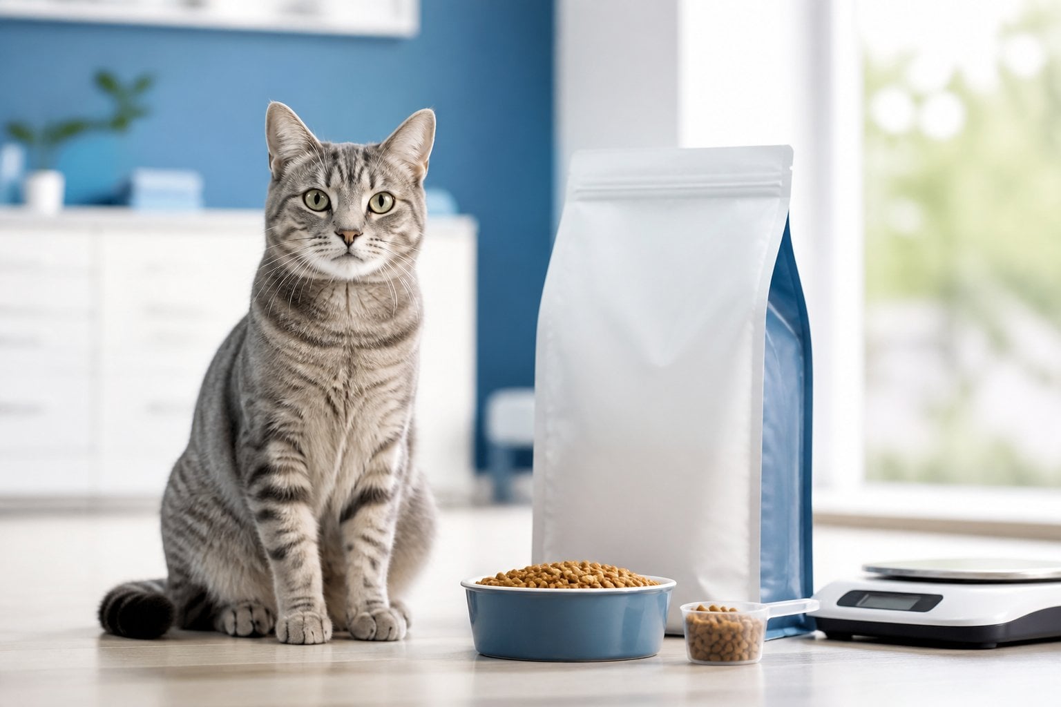A healthy cat sitting beside a bowl of food, a food package, and a pet scale.