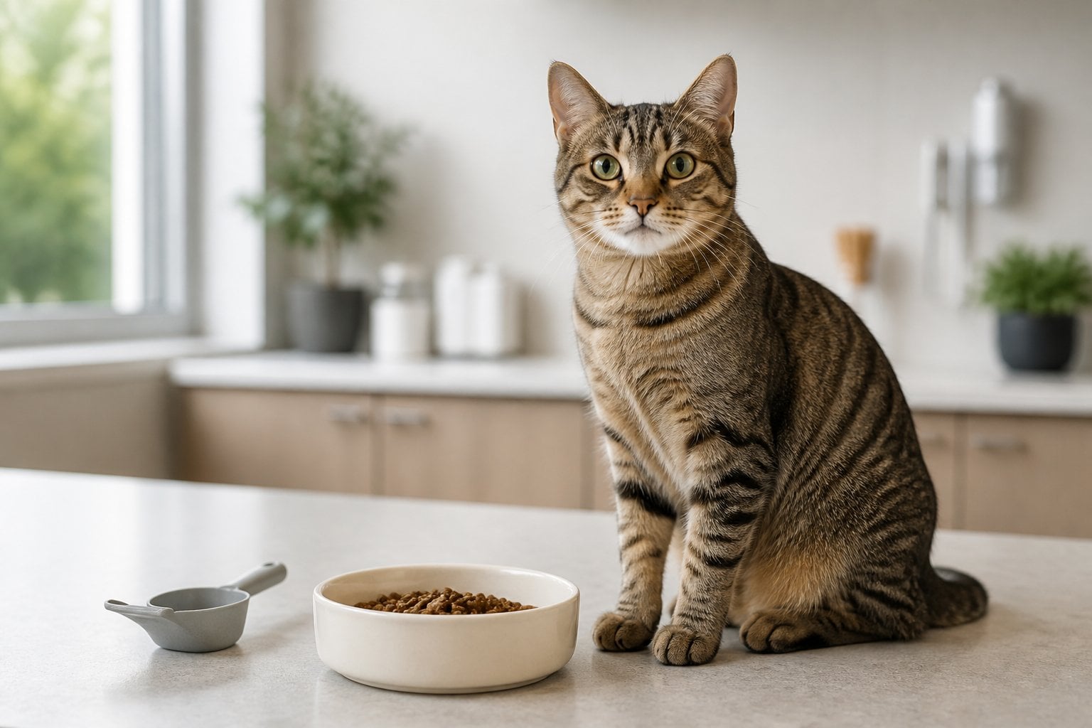 A healthy adult cat sits beside a bowl of measured dry food in a bright veterinary care setting.