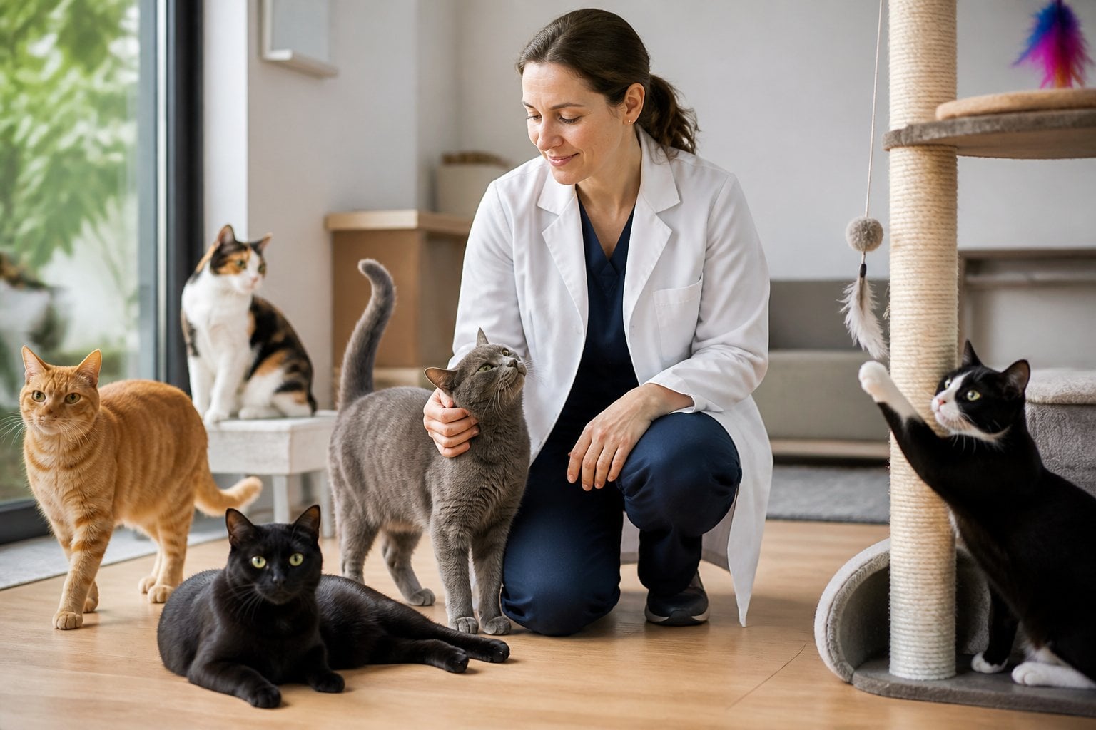 Several diverse cats explore and interact with a person and enrichment toys in a bright home.