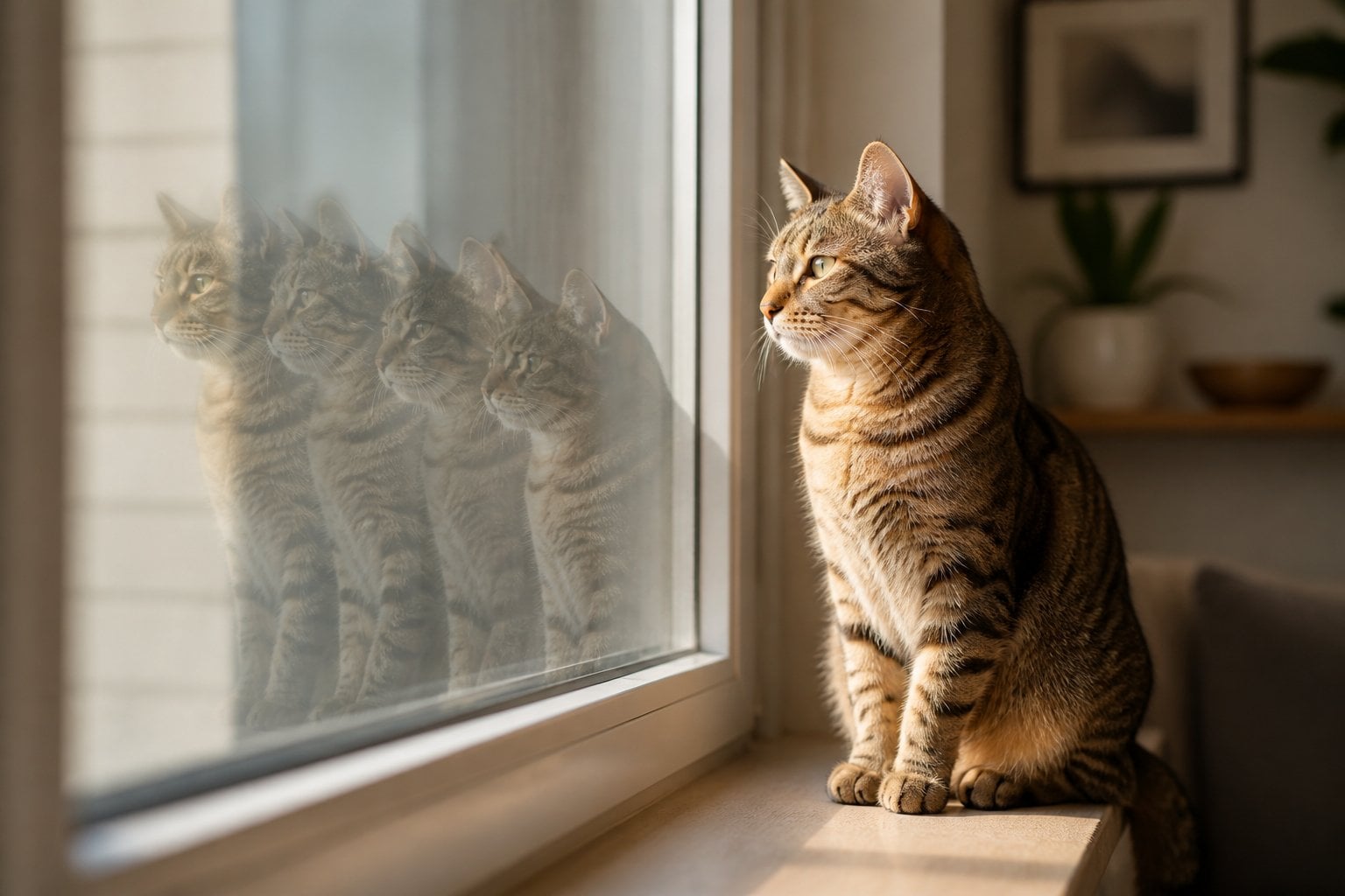 A cat sits safely by a sunlit window with faint reflections suggesting multiple lives.
