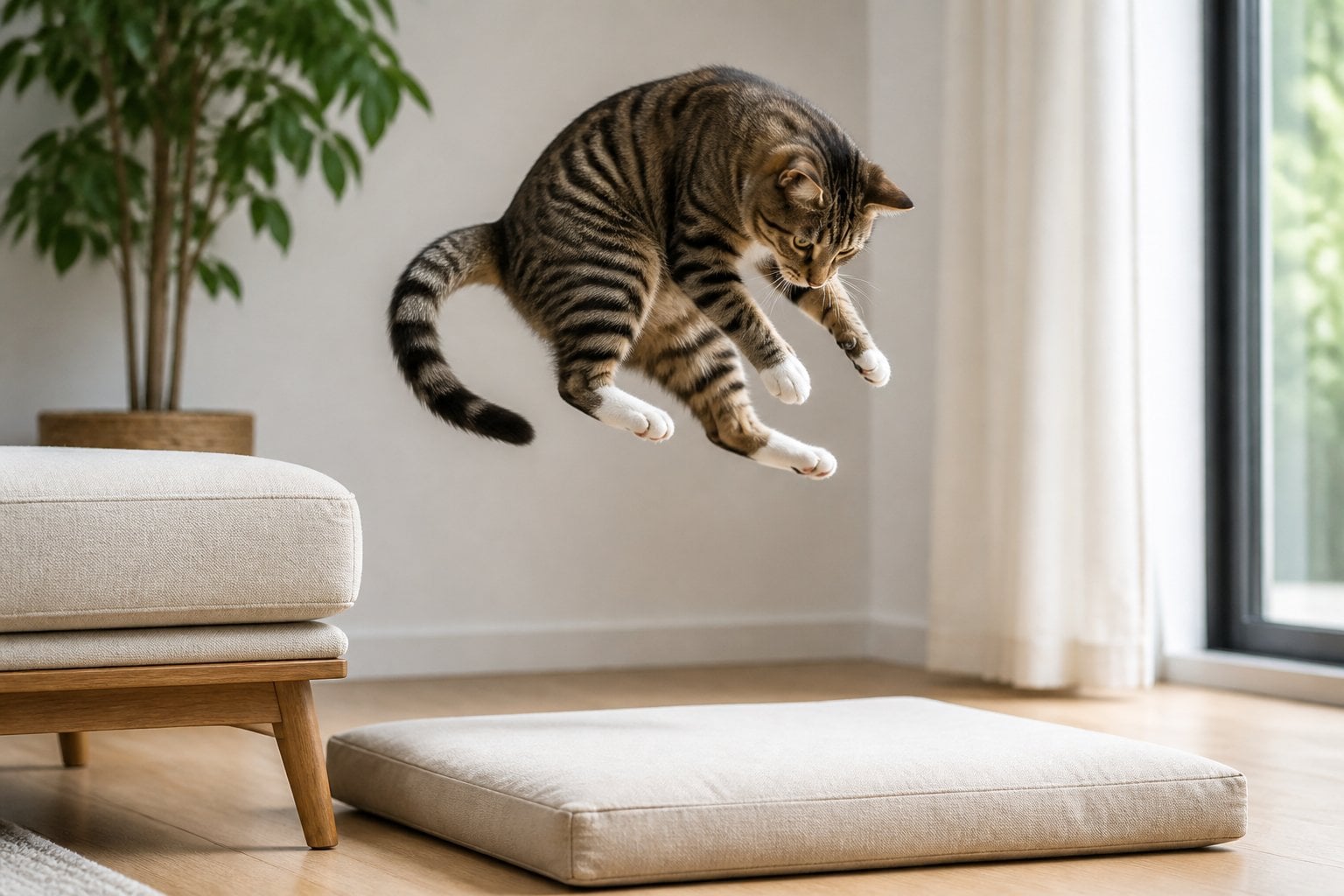 A cat twists midair during a low, safe jump toward a padded landing area.