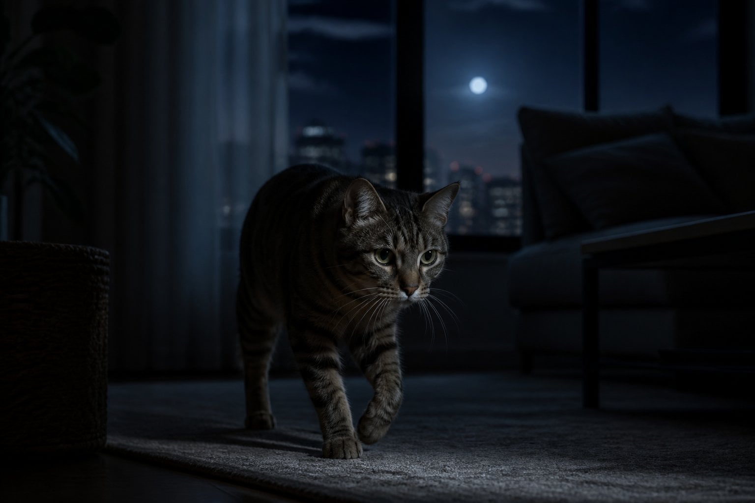 A cat walking through a dimly moonlit room at night.